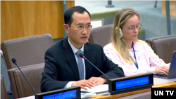 김남혁 유엔주재 북한대표부 3등 서기관이 뉴욕 유엔본부에서 열린 제3위원회 회의에서 발언하고 있다. (자료사진)