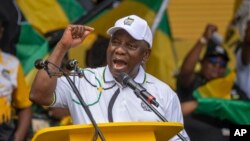 South African President Cyril Ramaphosa delivers his speech at the Mose Mabhida stadium in Durban, South Africa, Feb. 24, 2024, during the African National Congress national manifesto launch in anticipation of the 2024 general elections. 