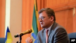 Ukrainian Foreign Minister Dmytro Kuleba speaks at a press conference at a hotel in Addis Ababa, May 24, 2023. Kuleba urged African countries to abandon their stances of neutrality towards his country's war with Russia. 