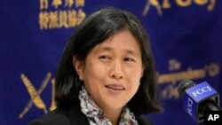FILE - US Trade Representative Katherine Tai listens to a reporter's question at a press conference at the Foreign Correspondents' Club of Japan, April 20, 2023, in Tokyo. 