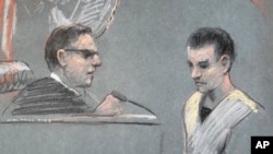 FILE - Massachusetts Air National Guardsman Jack Teixeira appears in U.S. District Court in Boston, April 14, 2023, in this courtroom sketch. 