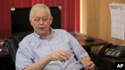 Eric Meyer, the editor and publisher of the Marion County Record, answers questions about a raid by local police and sheriff's deputies on his newspaper's newsroom and his home, Aug. 13, 2023, in Marion, Kan.