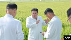 This undated picture released from North Korea's official Korean Central News Agency (KCNA) on Aug. 18, 2023, shows North Korea's leader Kim Jong Un, center, inspecting restoration activities at a farm in Anbyon-gun, Kangwon province, which was recently damaged by a typhoon.