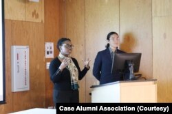 Natasha Rouse and Diego Zubieta make their "pitch" on a solar energy marketplace at Case Western Reserve University in Cleveland. (Courtesy photo from Case Alumni Association)