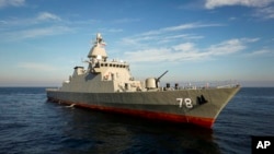 In this picture released by the official website of the Iranian army on Nov. 27, 2023, the Deilaman moves in the Caspian Sea, off northern Iran. The Deilaman is a 1,400-ton destroyer capable of launching cruise missiles.