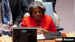 린다 토머스-그린필드 유엔 주재 미국대사가 안전보장이사회 회의에서 발언하고 있다. (자료사진)