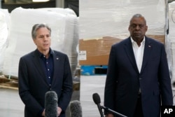 Secretary of Defense Lloyd Austin and Secretary of State Antony Blinken, speak with reporters Monday, April 25, 2022, in Poland, near the Ukraine border, after returning from their trip to Kyiv, Ukraine, and meeting with Ukrainian President Volodymyr Zelenskyy. (AP Photo/Alex Brandon, Pool)