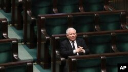 Jaroslaw Kaczynski, leader of the conservative ruling party Law and Justice, takes part in a parliamentary session in Warsaw, Poland, April 3, 2020. 