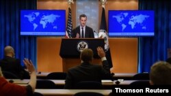 네드 프라이스 미국 국무부 대변인이 9일 워싱턴 국무부 청사에서 기자회견을 했다.