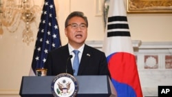South Korean Foreign Minister Park Jin speaks during a news conference with Secretary of State Antony Blinken at the State Department in Washington, June 13, 2022.