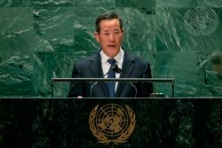 김성 유엔주재 북한대사가 27일 뉴욕 유엔본부에서 진행된 제76차 유엔총회에서 연설하고 있다.