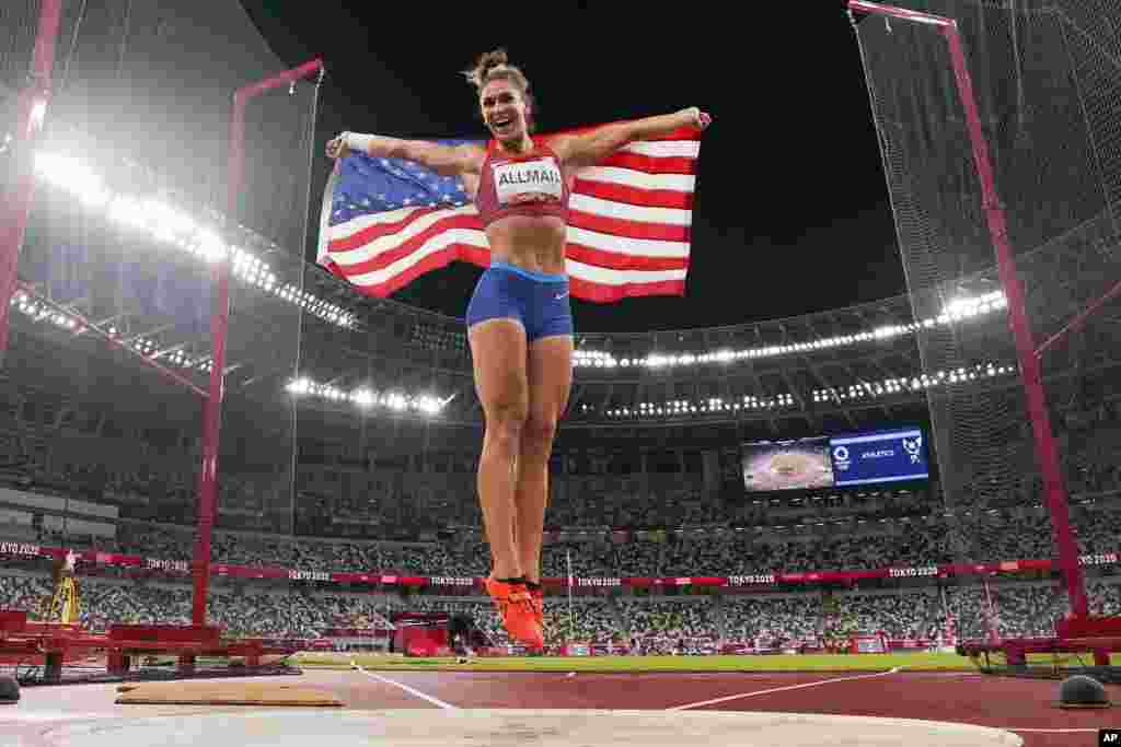 Valarie Allman of the United States celebrates after winning the gold medal in the women's discus throw final at the 2020 Summer Olympics in Tokyo, Japan.