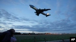 FILE - Air Force One, carrying U.S. President Joe Biden, takes off from RAF Mildenhall, near Bury St. Edmunds, England, on June 9, 2021. Mildenhall is one of the Royal Air Force bases where unidentified drones have been spotted, the U.S. Air Force said on Nov. 27, 2024.