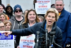 Democratic Presidential hopeful, Sen. Elizabeth Warren, D-Mass., speaks after she joined striking Stop & Shop supermarket employees on the picket line on Friday, April 12, 2019, in Somerville, Mass.