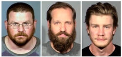 FILE - These undated file booking photos provided by the Las Vegas Metropolitan Police Department show, from left, William L. Loomis, Stephen Parshall and Andrew T. Lynam Jr., three men accused of planning a terror attack in Las Vegas, Nevada.