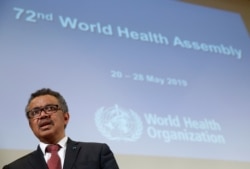 FILE - Director-General of the World Health Organization (WHO) Tedros Adhanom Ghebreyesus attends the 72nd World Health Assembly in Geneva, Switzerland, May 20, 2019.