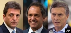 FILE - This combo of three file photos taken in Buenos Aires, Argentina, shows three presidential candidates, from left, Sergio Massa; Buenos Aires' Governor Daniel Scioli; and Mauricio Macri.