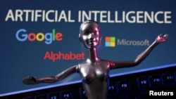 FILE - Google, Microsoft and Alphabet logos and AI Artificial Intelligence words are seen in this illustration from May 4, 2023. (REUTERS/Dado Ruvic/Illustration)