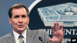 존 커비 미국 국방부 대변인이 6일 워싱턴 국방부 청사에서 기자회견을 했다.