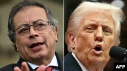 (COMBO) This combination of pictures created on January 26, 2025 shows Colombian President Gustavo Petro in Bogota on July 09, 2024 and US President Donald Trump in Washington, DC, on January 20, 2025.