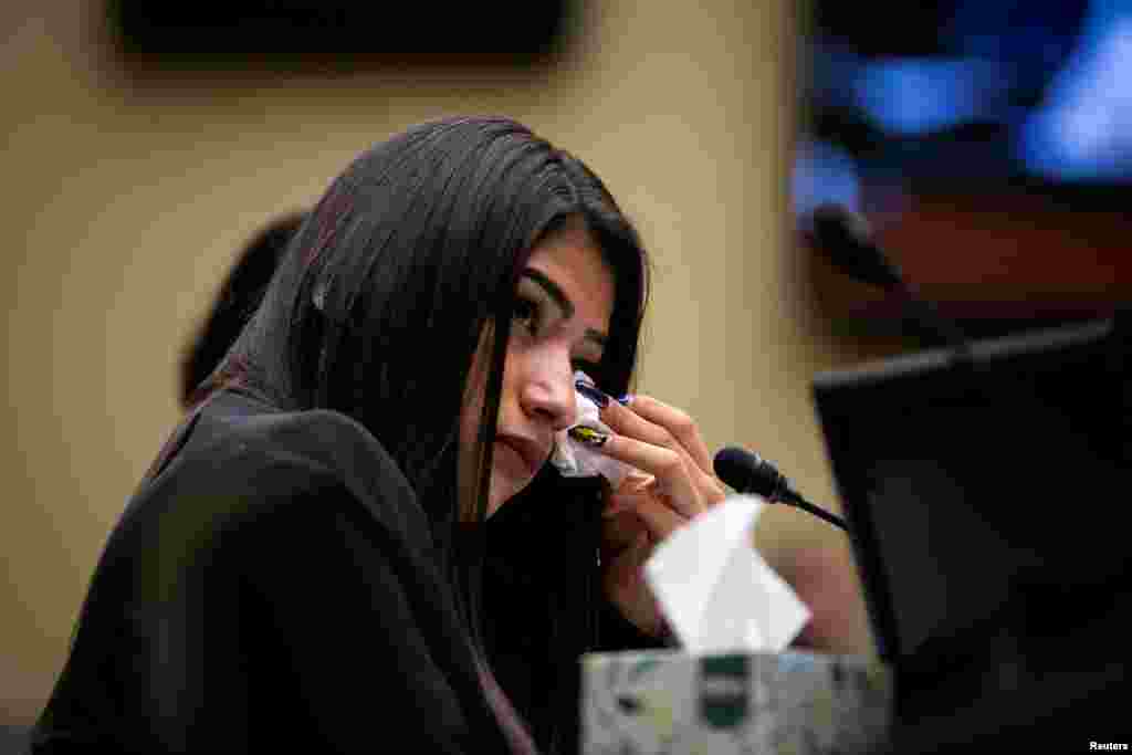 Yazmin Juarez, mother of 19-month-old Mariee, who died after detention by U.S. Immigration and Customs Enforcement (ICE), wipes away a tear as she testifies during a House Oversight Subcommittee on Civil Rights and Human Services hearing titled, "Kids in Cages: Inhumane Treatment at the Border" in Washington, D.C., July 10, 2019.