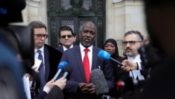 Gambia's Justice Minister Abubacarr Tambadou talks to the media outside the International Court of Justice (ICJ), after the ruling in a case filed by Gambia against Myanmar alleging genocide against the minority Muslim Rohingya population, in The Hague.
