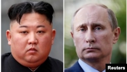 FILE - A combination of file photos shows North Korean leader Kim Jong Un in Hanoi, Vietnam, March 2, 2019, and Russia's President Vladimir Putin during a joint news conference in Sochi, Krasnodar region, Russia, May 16, 2013.