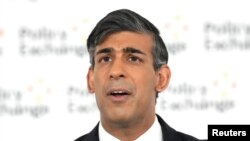 英國首相辛偉誠（里希·蘇納克）2024年5月13日在選前演講中警告威權國家軸心帶來的威脅。 （路透社照片）