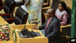 South Africa's President Cyril Ramaphosa, the new Chairman of the African Union (AU), addresses the opening session of the 33rd AU Summit.