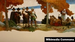 Slika iz 1940-te, umetnika Njuela Konversa, prikazuje prvi festival žetve u Plimutu koji se u današnje vreme slavi kao Dan zahvalnosti.