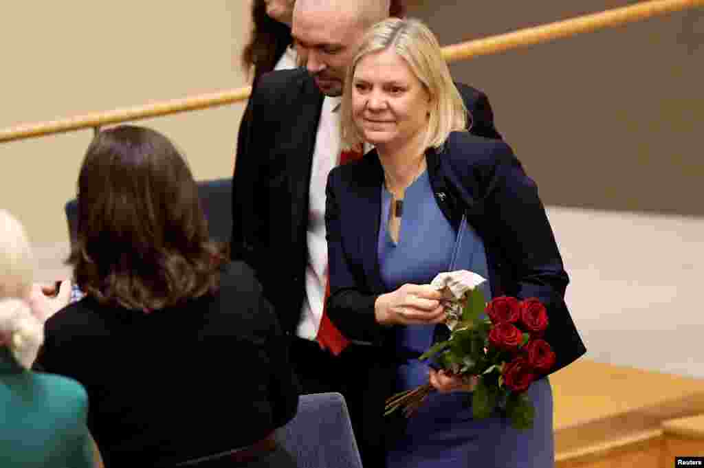 Current Finance Minister and Social Democrat leader Magdalena Andersson is congratulated after being appointed as the country's new prime minister following a voting at the Swedish Parliament Riksdagen in Stockholm.&nbsp;Hours after being tapped as Sweden&rsquo;s first female prime minister, though, Andersson resigned after suffering a budget defeat in parliament.