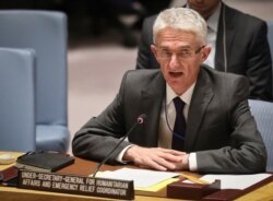 Mark Lowcock, the U.N. Humanitarian Affairs Emergency and Relief Coordinator, addresses the Security Council with a report on Yemen, Oct. 23, 2018, at U.N. headquarters.