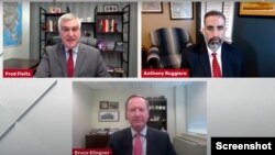 23일 아메리카 퍼스트 정책 연구소의 대북 정책 웨비나에 참가한 전문가들. 왼쪽 위부터 시계방향으로 프레드 플라이츠 아메리카 퍼스트 정책 연구소 미국안보센터 부소장, 앤서니 루지에로 민주주의수호재단 선임연구원, 브루스 클링너 헤리티지재단 선임연구원.