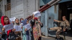 FILE - A Taliban fighter watches as Afghan women hold placards during a demonstration demanding better rights for women in front of the former Ministry of Women Affairs in Kabul, Sept. 19, 2021.