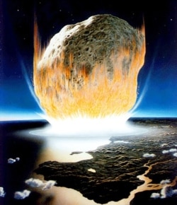 An artist’s interpretation is shown of the asteroid impact that scientists believe caused the extinction of the dinosaurs. (Credit: NASA/Don Davis)