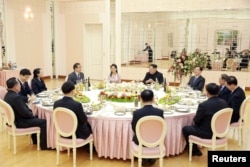 A dinner is prepared for members of the special delegation of South Korea's President in this photo released by North Korea's Korean Central News Agency (KCNA) on March 6, 2018. KCNA/via Reuters