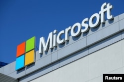The Microsoft logo in Los Angeles, California, June 13, 2017.