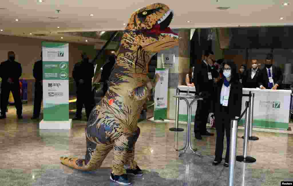 A demonstrator wearing a dinosaur costume protests against an auction of exploratory offshore oil blocks in the Campos, Santos, Pelotas and Potiguar Basins, which has drawn interest from oil majors including Chevron, Shell, Total and Petrobras, in Rio de Janeiro, Brazil.
