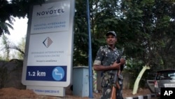 An Indian policeman stands guard in front of the Hyderabad International Conventional Centre ahead of the Global Entrepreneurship Summit in Hyderabad, India, Wednesday, Nov. 22, 2017. The event — co-hosted by the United States and India — runs from Nov. 28-30 and will be attended by U.S. presidential adviser and daughter Ivanka Trump and Indian Prime Minister Narendra Modi. (AP Photo /Mahesh Kumar A.)