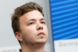 FILE PHOTO - In this file photo taken on June 14, 2021, Belarus activist Raman Protasevich, 26, takes part in a briefing in Minsk.