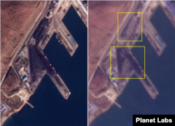 라진항 석탄 부두를 촬영한 2024년 11월 5일(왼쪽)과 27일(오른쪽) 모습. 27일 석탄이 쌓인 지대(사각형)에서 맨 바닥이 드러난 곳을 쉽게 볼 수 있다. 사진=Planet Labs