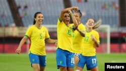 Marta of Brazil celebrates scoring the team's third goal in Brazil's 5-0 Olympic football victory over China in Women's Group F play at Miyagi Stadium, Miyagi, Japan, July 21, 2021.