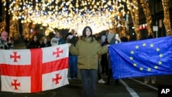 Демонстранты во время митинга протеста у здания парламента в Тбилиси 22 декабря 2024 года. (Фото AP/Зураб Церцвадзе)