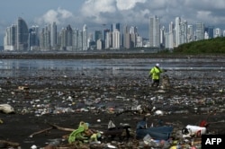 In this file photo taken on April 19, 2021 a man collects garbage, including plastic waste, at the beach of Costa del Este, in Panama City. (Photo by Luis ACOSTA / AFP)