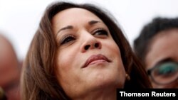 U.S. Democratic presidential candidate and U.S. Senator Kamala Harris joins with striking McDonalds workers in Las Vegas, Aug. 11, 2020.