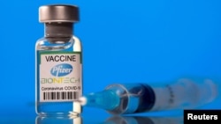FILE - A vial labelled with the Pfizer-BioNTech coronavirus disease (COVID-19) vaccine is seen in this illustration picture taken, March 19, 2021.