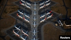 An aerial photo shows Boeing 737 MAX aircraft at Boeing facilities at the Grant County International Airport in Moses Lake, Washington, Sept. 16, 2019.