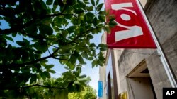 The Voice of America building, Monday, June 15, 2020, in Washington. (AP Photo/Andrew Harnik)