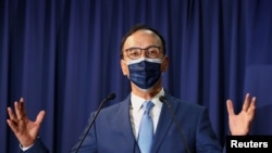 Eric Chu speaks to members of the media after winning the chairmanship of Taiwan's main opposition Kuomintang Party (KMT), in Taipei, Sept. 25, 2021.
