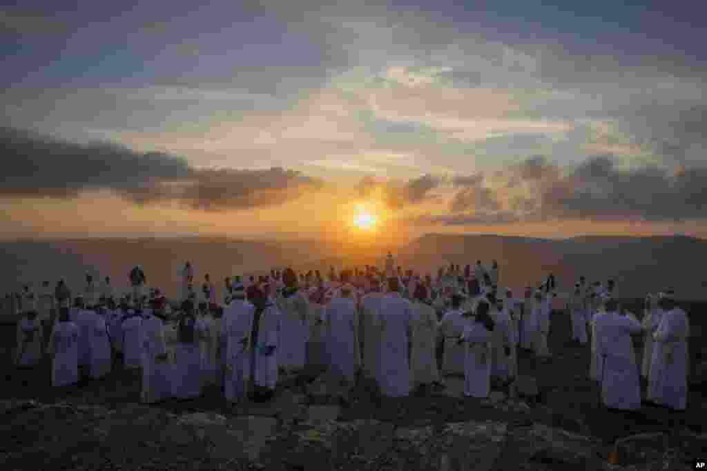 Members of the ancient Samaritan community attend the pilgrimage for the holiday of the Tabernacles, or Sukkot, at the religion's holiest site on the top of Mount Gerizim, near the West Bank town of Nablus.
